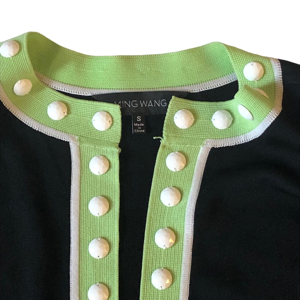 Ming Wang Black Knit Cardigan with Lime Green Trim and White Bead Accents - Picture 5 of 16